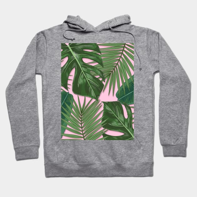 Monstera, Spider Palm, Tropical Leaves Print on Pink Hoodie by OneThreeSix